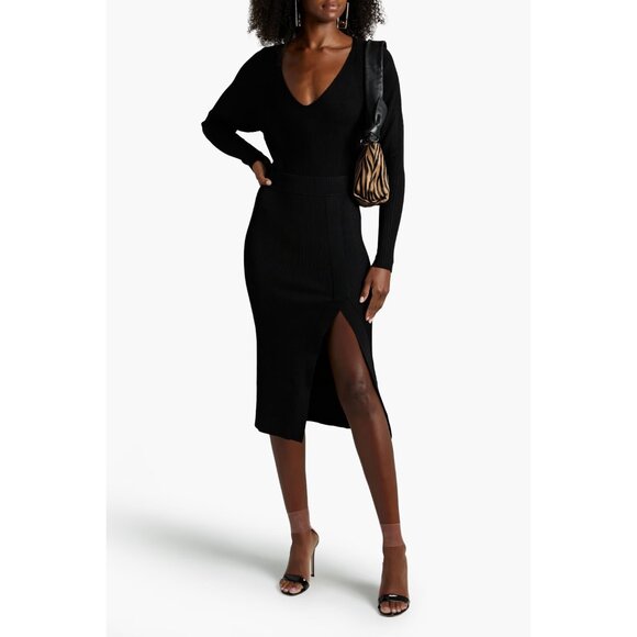 Good American Ribbed Knit Slit Midi Skirt Black High Slit SZ 2 US NEW - Picture 1 of 4
